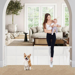 Bingguz retractable gate extended to fit wide openings for easy passage.