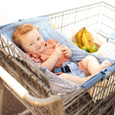 Binxy Baby shopping cart hammock attachment demonstrates quick setup for safer shopping with infant seat.
