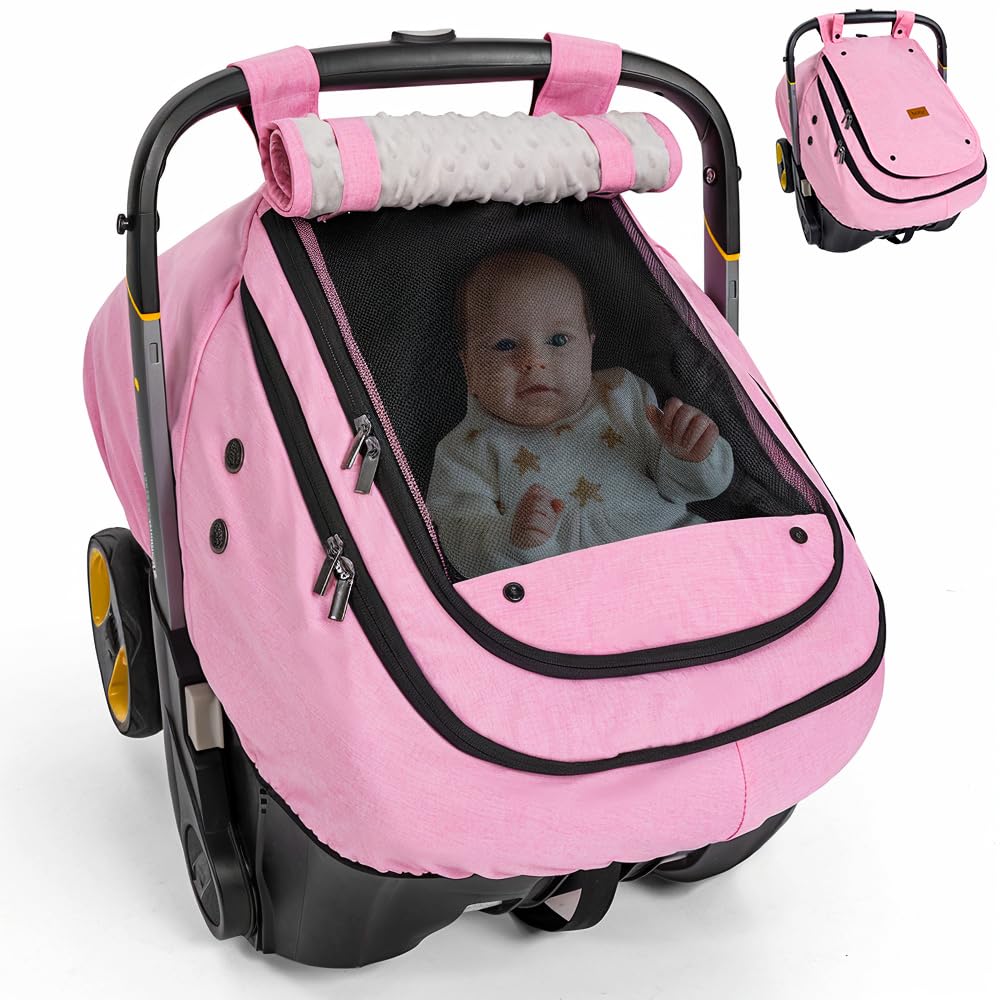 Bioby waterproof baby car seat cover in pink shields rain and wind during travel