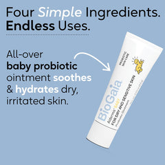 BioGaia Baby Probiotic Ointment swaddle routine closeup demonstrating soothing use for dry skin.
