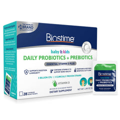Biostime infant probiotic powder bottle for daily gut support in kids.