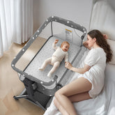 BIUSIKAN 3in1 baby bassinet bedside sleeper demonstrating secure bedside attachment for late-night feeds.