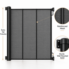 HEELALBABY 65" Extra Tall Retractable Pet & Baby Gate, Reinforced Mesh, Fits Openings Up to 55" Wide, Black