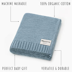 Bleu La La 36x32 inch blanket designed for wrapping, swaddling, or cuddling in nursery.