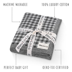 Bleu La La baby swaddle in gray plaid for nursery versatility
