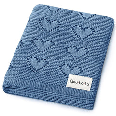 Bleu La La Heirloom Knit Heart blanket in denim blue flatlay showcases luxurious cotton softness for cozy newborn moments.