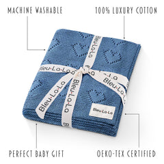 Bleu La La Heirloom Knit Heart blanket newborn swaddle demonstrates soft secure wrapping for quiet moments.