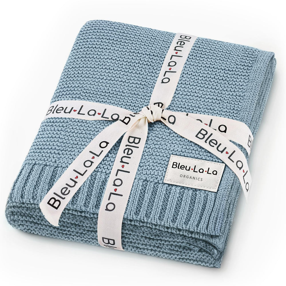 Bleu La La heritage knit blanket close-up shows ultra-soft organic cotton texture for newborn comfort.