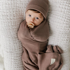 Bleu La La Luxe hat milk chocolate stretchy fit for newborn warmth.