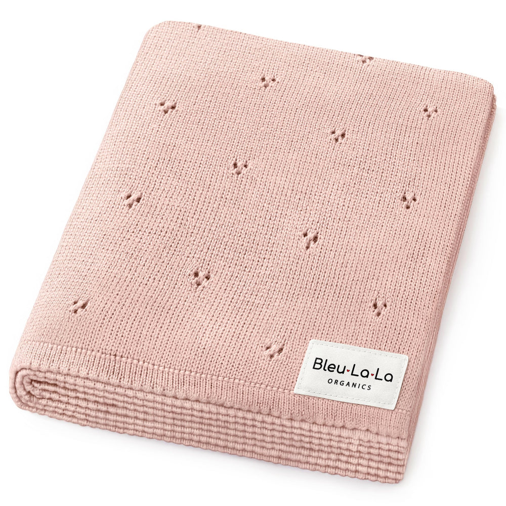 Bleu La La Pointelle Swaddle Ballet Slippers close-up; ultra-soft organic cotton for newborn coziness.