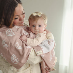Bleu La La Rainbow Grey receiving blanket swaddle use emphasizes gentle wrap and cozy security.