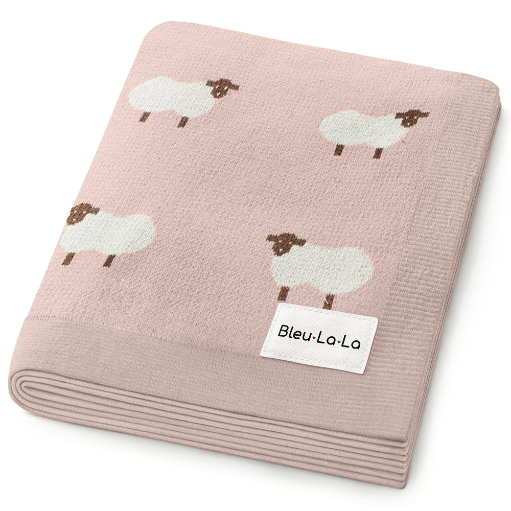 Bleu La La sheep-print blanket closeup shows ultra-soft cotton for sensitive newborn skin.