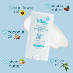 Bliss Baby Mineral Sunscreen Stick organic shea butter nourishes skin while shielding from sun.