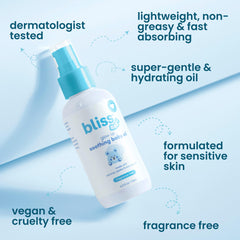 Bliss Baby Oil label close-up highlighting vegan, dermatologist-tested safety.