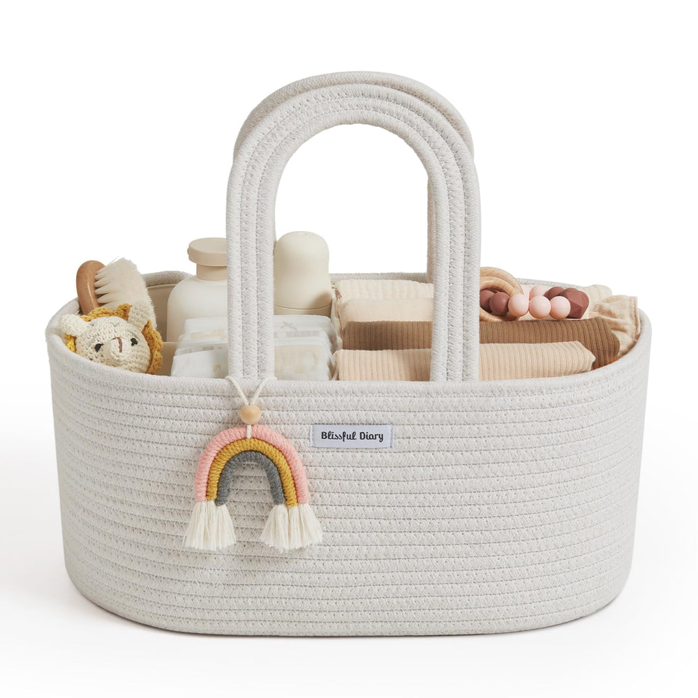 Blissful Diary diaper caddy oval storage basket keeps nappies and wipes within quick reach