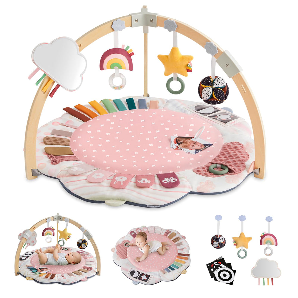 Blissful Diary baby play gym highlighting five developmental zones for exploration.