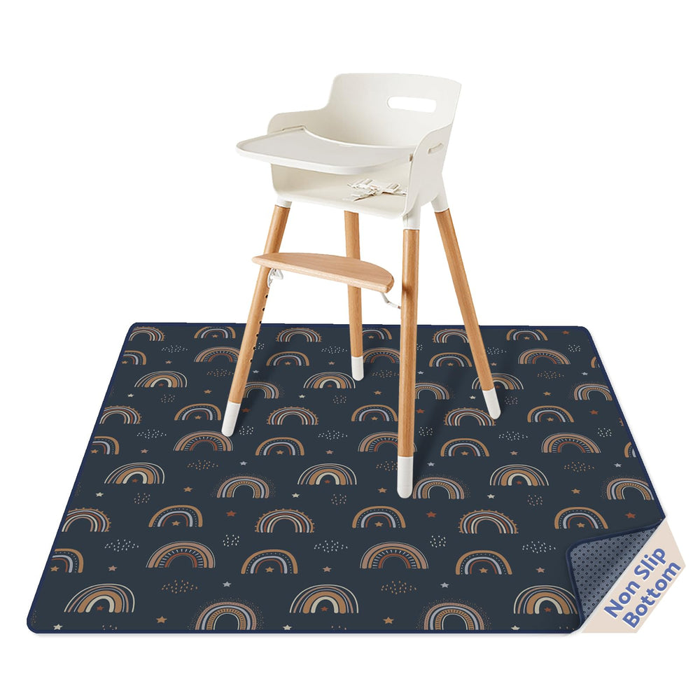 Blissful Diary splat mat under high chair with rainbow pattern protects floors from messes.