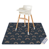 Blissful Diary splat mat under high chair with rainbow pattern protects floors from messes.
