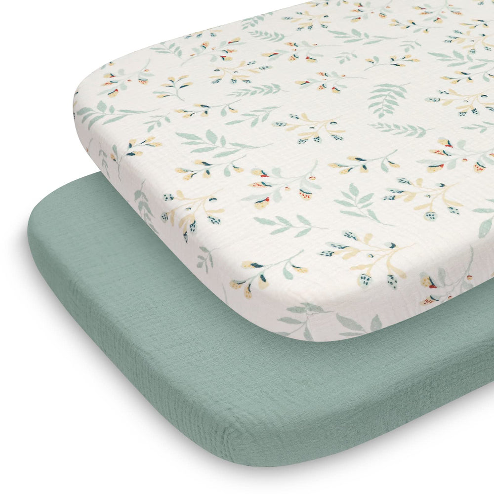 Blissful Diary bassinet sheets in Roman Green Leaf pattern for cozy naps