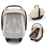 Blissful Diary car seat cover with extra large mesh window promotes airflow and baby visibility.