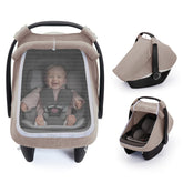 Blissful Diary car seat cover with large mesh window enhances airflow and baby visibility.