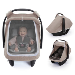 Blissful Diary car seat cover with large mesh window enhances airflow and baby visibility.