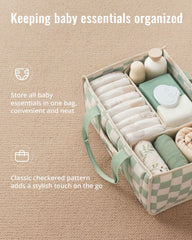 Blissful Diary checkered diaper caddy long handles enables easy carrying between nursery and car.
