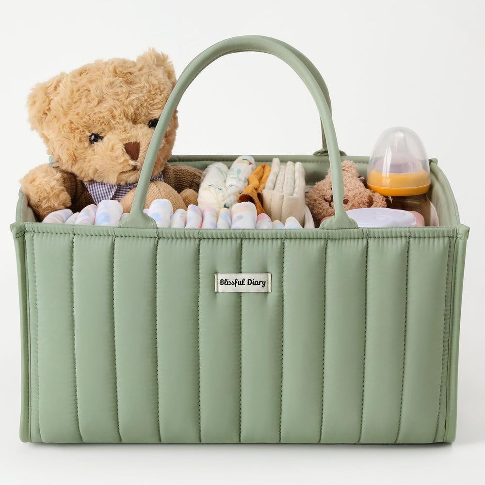 Blissful Diary diaper caddy in sage green keeps newborn essentials within reach for quick changes.