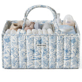 Blissful Diary floral diaper caddy organizer with blue floral pattern keeps nursery essentials neatly grouped.