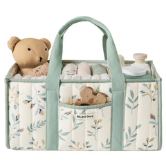 Blissful Diary Leaf Diaper Caddy Organizer keeps diapers and wipes neatly accessible for quick changes.