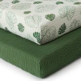 Blissful Diary Monstera crib sheet offers breathable muslin for comfortable sleep