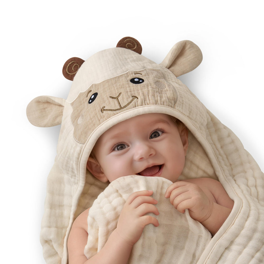 Blissful Diary hooded towel with lamb hood design offers cozy bath warmth.