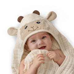 Blissful Diary hooded towel with lamb hood design offers cozy bath warmth.