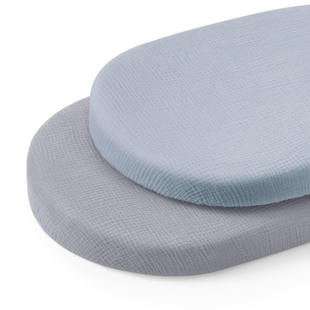 Blissful Diary muslin bassinet sheets in light blue provide breathable, gentle baby sleep.