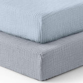 Blissful Diary muslin crib sheet light blue close-up, breathable comfort for baby's sleep