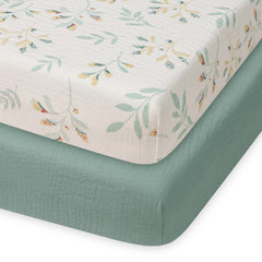Blissful Diary muslin mini crib sheets forest-green leaf pattern breathable nap-time comfort