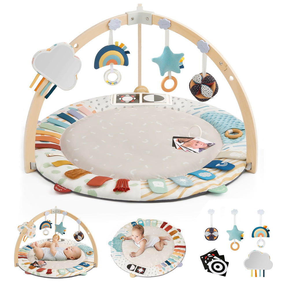 Blissful Diary Play Gym wooden bar closeup shows safe construction for baby's playtime and exploration.