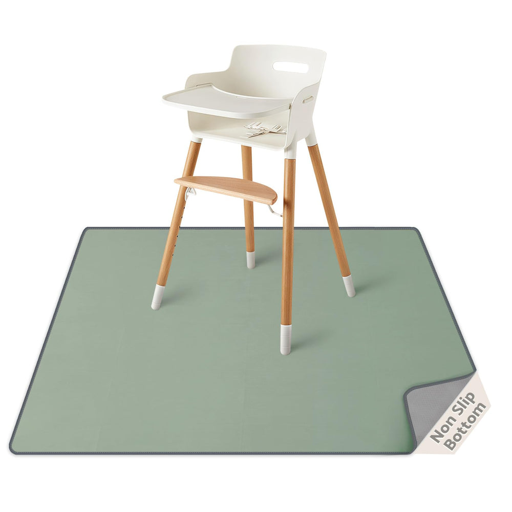 Blissful Diary Splat Mat under high chair catches spills for easier cleanup.