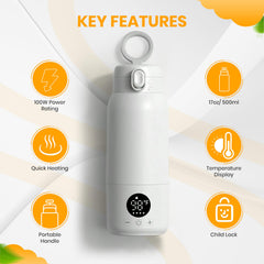 BLIVORRA portable bottle warmer shows 17oz capacity ideal for all-day feeds during travel.