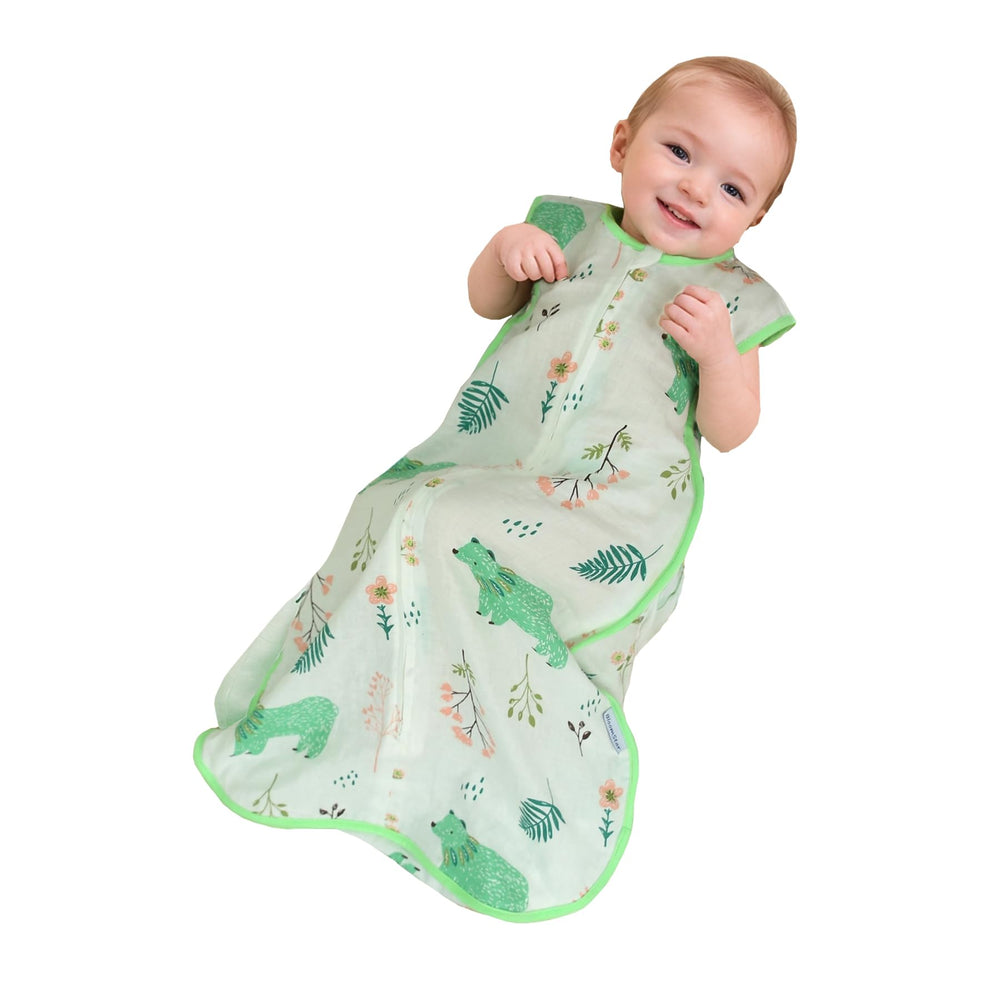 BLOOMSTAR baby sleeping sack muslin closeup shows breathable fabric for gentle warmth.