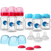 Blue Gannet anti-colic bottle close-up with slow-flow nipple supports calm feeding.