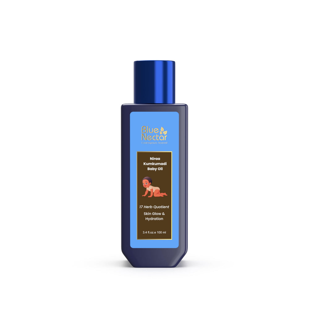 Blue Nectar Baby Oil Kumkumadi bottle showing soothing glow after a gentle newborn massage.