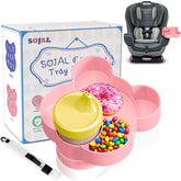 BlueOrigin car seat snack tray pink setup enables easy on-the-go meals.