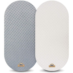 BlueSnail bassinet sheet white and gray on a bassinet mattress demonstrates secure fit.