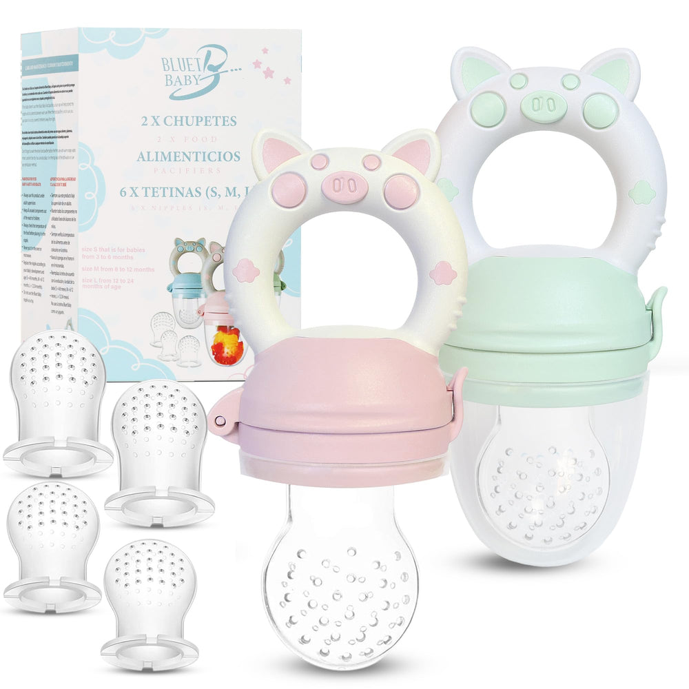 Bluet B baby fruit feeder pacifier pink-green pack for safe self-feeding and flavorful snacks.