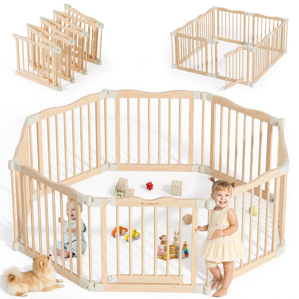 BlueWood foldable playpen in 8-panel setup creates a versatile, safe play space for babies.