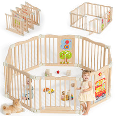 BlueWood foldable playpen with animal-bus design creates a safe play space for babies.