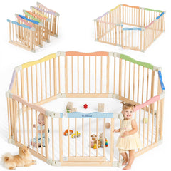 BlueWood foldable playpen assembled shows flexible eight-panel design for safe, adaptable play spaces.