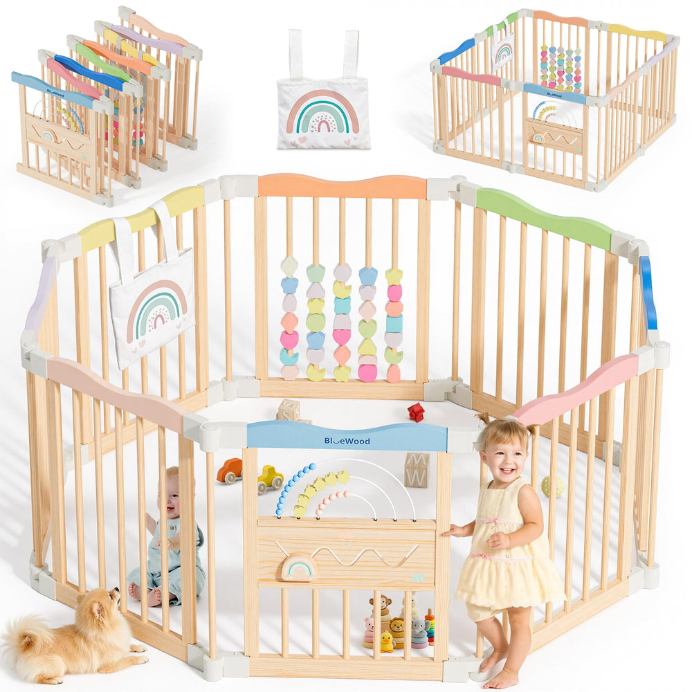 BlueWood foldable playpen assembly shows tool-free setup for quick safety