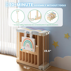 BlueWood foldable playpen safety corners highlight toxin-free materials and rounded edges